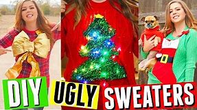 DIY UGLY CHRISTMAS SWEATERS! SWEATER WITH LIGHTS, STOCKING, CHRISTMAS TREE + MORE IDEAS!