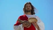 Jesus Holding Bread and Bottle of Wine, Sharing Sacramental Meal, Holy Eucharist