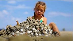 Young Girls Making a Sandcastle Playing at the Beach. Stock Video Footage