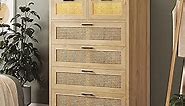 AOGLLATI 6 Drawer Dresser for Bedroom, Natural Rattan Wood Dressers with Led Light, Tall Dressers & Chests of Drawers, Bedroom Closet Dresser for Bedroom, Entryway