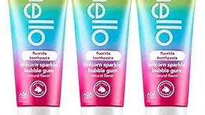 hello Unicorn Sparkle Kids Fluoride Toothpaste, Natural Bubble Gum Flavor, ADA Approved, Ages 2+, No Artificial Sweeteners, No SLS, Gluten Free, Vegan, Pack of 3, 4.2 oz Tubes