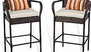 Sundale Outdoor Bar Stools Set of 2, 2 Piece Rattan Bar Stool Wicker Chairs, Patio Bar Height Chair with Arms, Cushion Beige, All-Weather Outdoor Rattan Furniture - Steel, Brown