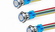 CMORSUN 19mm Push Button Switch 12V 3A LED IP65 Waterproof Stainless Steel self-Recover Latching momentary Switch Flat Head Ring Illuminated 1NO1NC Contact(Pack of 3) (19mm Latching, Blue x3)