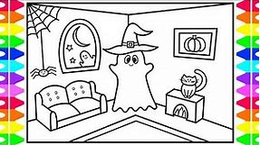 How to Draw a Cute Halloween Ghost for Kids 👻🖤🎃Halloween Ghost Drawing and Coloring Page for Kids