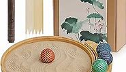 Japanese Zen Garden Kit for Desk - Premium Sand Garden - Mini Zen Décor Office Desktop Accessories - Bamboo Crafted Meditation Therapy Tray - Gift Set - 4 Stamp Spheres Natural Rake Custom Holder