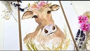 How to Paint a Cow - Watercolor Jersey Cow with Floral Crown - Step by Step - Free Sketch Download -