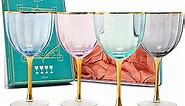 Art Deco Colored Crystal Wine Glass Set of 4, Large 12oz Stemmed Glasses Vibrant Vintage Glasses for White & Red, Water, Margarita Glasses, Gift Idea, Color Glassware - Gilded Rim and Gold Stem