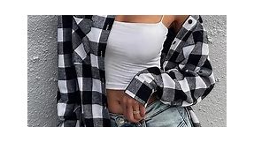 Women Plaid Shirts Black and White Plaid -Customer Show