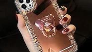 LUVI Compatible with iPhone 13 Pro Max Mirror Case Cute for Women Girls Bling Glitter Diamond Rhinestone with Ring Holder Loopy Finger Grip Kickstand Stand Cover Luxury Fashion Phone Case Rose Gold