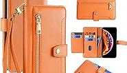 Arseaiy Wallet Case for iPhone7 Plus/iPhone 8 Plus Flip Phone Case with Adjustable Crossbody Strap Magnetic Handbag Zipper Pocket Cases PU Leather Shockproof Cover with Kickstand Phone Shell Orange