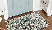 Lahome Bohemian Floral Medallion Area Rug - 2x3 Vintage Teal Distressed Small Entryway Rug Turkish Doormat Faux Wool Non-Slip Washable Low-Pile Carpet for Bathroom Kitchen Laundry Room Decor