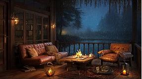 Cozy Balcony Lakeside with Smooth Jazz 🌨 Relaxing Rain, Crackling Fire, White Noise, ASMR Sleep 4K