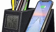 Pen Holder, Pen Organizer for Desk with Wireless Charger, Digital Indoor Thermometer and Humidity Gauge, Desk Organizers and Storage, Multifunctional Home Office Organizers for Desk (Battery Included)