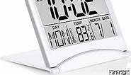Betus Digital Travel Alarm Clock - Foldable Calendar Temperature Timer LCD Clock with Snooze Mode - Large Number Display, Battery Operated - Compact Desk Clock(Silver, No Backlight)