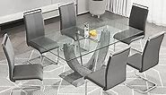 67" Glass Dining Room Table Set for 6,Big Modern Rectangular Tempered Glass Dining Table Top Thick 0.39",7 Piece Dining Table with 6 Pcs Leather Dining Chairs