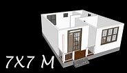 7x7 Small house plan with 1 bedroom and full dimensions