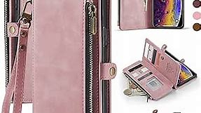 Defencase for iPhone Xs Max Case, for iPhone Xs Max Wallet Case for Women and Men with Card Holder Slots Zipper Wrist Strap PU Leather Protective Phone Case Wallet for iPhone Xs Max, Rose Pink