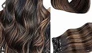 Ombre Clip in Hair Extensions Seamless Long Straight Real Hair Extensions Clip in Human Hair Soft Natural Natural Black Highlights Chestnut Brown 100% Real Hair Extension Clip ins 5pcs 70g 16 inches