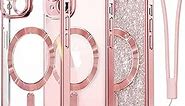 Meifigno Candy Mag Series Case for iPhone 15 Plus, [Compatible with MagSafe] [Glitter Card & Wrist Strap] Full Camera Lens Protection for iPhone 15 Plus Case Women Girls, Rose Gold