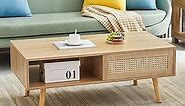 Mid Century Modern Coffee Table with Storage, 41.3 Inch Rectangle Wooden Accent Center Tables with Sliding PE Rattan Woven Door Panel and Solid Wood Legs, Suitable for Living Room, Apartment