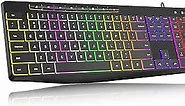 Wired Rainbow Backlit Keyboard, Quiet Light Up USB Computer Keyboard,Full Size Silent Keyboard with12 Multimedia Keys,Large Number KeyPad,Spill-Resistant, Anti-Wear Letters, for Laptop,Desktop