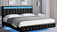 Keyluv Queen Bed Frame with LED Lights, Floating Upholstered Headboard, Adjustable Height, Noise-Free Metal Frame, Easy Assembly, Black