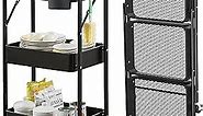 Folding Kitchen Storage Cart Metal 3 Tier Utility Rolling Cart with Wheels Black No Assembly Required Foldable Shelf Trolley for Storage Organizer