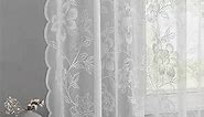 White Lace Curtains 63 Inch Length, Country Rustic Floral Leaf Embroidered Sheer Lace Curtains for Bedroom, Scalloped Edge Privacy Window Treatment Panels, 52 x 63 Inch, 2 Panels, White