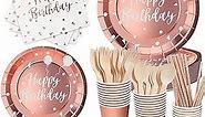 DN DENNOV 168PCS Rose and Gold-Pastel Party Supplies, Severs 24 Disposable Party Dinnerware Include Paper Party Plates, Cups, Napkins, Straw, Wooden Fork Spoon for Wedding, (Rose Gold)