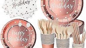 DN DENNOV 168PCS Rose and Gold-Pastel Party Supplies, Severs 24 Disposable Party Dinnerware Include Paper Party Plates, Cups, Napkins, Straw, Wooden Fork Spoon for Wedding, (Rose Gold)