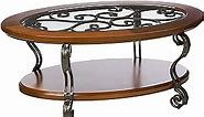 Signature Design by Ashley Nestor Traditional Oval Coffee Table with Beveled Glass Top, Scrollwork Underlay and 1 Fixed Shelf, Dark Brown