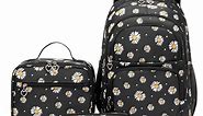 Forestfish Black Daisy Kids School Backpacks Set for Teen Girls with Lunch Bag Water Resistant Lightweight Large Books Bag