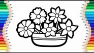 How to draw a basket full of flowers | Drawing and colouring