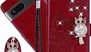 CCSmall for Google Pixel 7 Case with Credit Card Holder, Glitter Bling Diamond PU Leather Wallet Phone Case Flip Folio Book Cover for Google Pixel 7 Owl Red