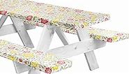 LINPRO 8ft Fitted Picnic Table Cover with Bench Covers. Vinyl Outdoor Camping Picnic Tablecloth, 3 Piece Set Camping Gear. Waterproof, Stain Resistant, Reusable. Flannel Backing with Elastic Edges.96