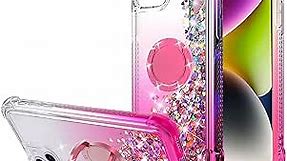 WORLDMOM for iPhone 14 Plus Case,Bling Moving Liquid Floating Sparkle Colorful Glitter Waterfall TPU Protective Case with Rotation Ring Kickstand for iPhone 14 Plus [6.7 inch 2022], Rose Gold