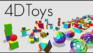 4D Toys: a box of four-dimensional toys, and how objects bounce and roll in 4D