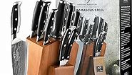 Damascus Kitchen Knife Set with Block, Damascus VG10 Steel with Triple Rivet Handle Included Chef Knife, Santoku, Utility, Bread, Paring Knife Sharpener and Kitchen Shears-Wooden Block, 9 Pcs