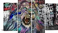 4 Panel Graffiti Lion Canvas Art Pictures Wall Decor The Lion King Abstract Artwork Black and White Lion Head Framed Canvas Prints Painting Modern Street Art Home Decor