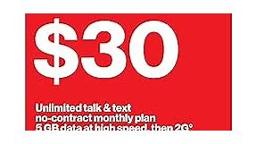 Total by Verizon $30 No-Contract Single-Device Plan Unlimited Talk, Text & 5 GB at High Speed [Physical Delivery]