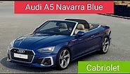 Audi A5 Navarra Blue Cabriolet 2023. Exterior and Interior. Amazing Beige interior
