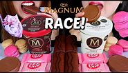 ASMR MAGNUM ICE CREAM RACE EATING CHALLENGE (STRAWBERRY KITKATS, CHOCOLATE MARSHMALLOW CAKES) 먹방