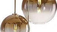 Set 3-Light Globe Gradient Color Glass Pendant Light,Modern Glass Hanging Light Chaniler Light Brass Metal Ceiling Hanging Lamp Kitchen Dining Room Indoor Lighting Fixture (Amber)