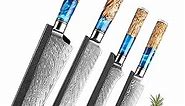 Kitchen Knife Set 4 Piece,8'' Chef Knife,7.5'' Bread Knife,5'' Utility Knife,6 Inch Boning Knife Damascus Steel-VG10 Blue Resin Wood Handle w/knife Sheath - Gift Box (4pcs Knife Set)