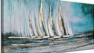 Anolyfi Sailboat Wall Art Canvas Teal Abstract Painting Textured Picture Artwork, Vintage Nautical Painting, Coastal Modern Print 40"x20" Frame for Living Room Bedroom Bathroom Office Home Decoration