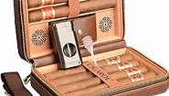 Leather Cigar Humidor, Premium Travel Humidor with Lighter, Portable Cigar Case with Shoulder Strap, Cigar Accessories Set for up to 6 Cigars, Great Gift for Men (Brown)