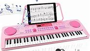 WOSTOO Kids Keyboard Piano, Portable 61 Keys Keyboard Electronic Digital Piano, Early Learning Educational Musical Piano Toy Keyboard Gift for Beginners with Music Stand, Microphone (Pink)