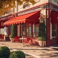 French Cafe with Sunshine and Trees and Awning