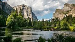 Merced River In Yosemite National Park. El Capitan and Half Dome are in the background.