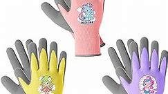 COOLJOB 3 Pairs Kids Gardening Gloves for Age 6-8, Children Toddler Girls Grippy Rubber Coated Work Gloves, Purple & Pink & Yellow (Little Beauty, Medium M)